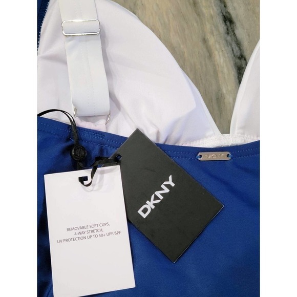 DKNY Navy Color Block Deep V Neck Tankini Top XS - Picture 4 of 5